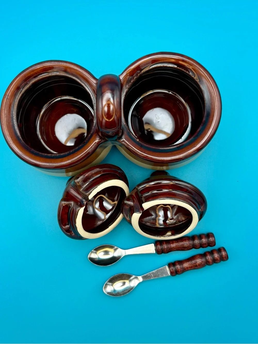 Vintage Double Condiment Pot with Spoons - Brown and Cream